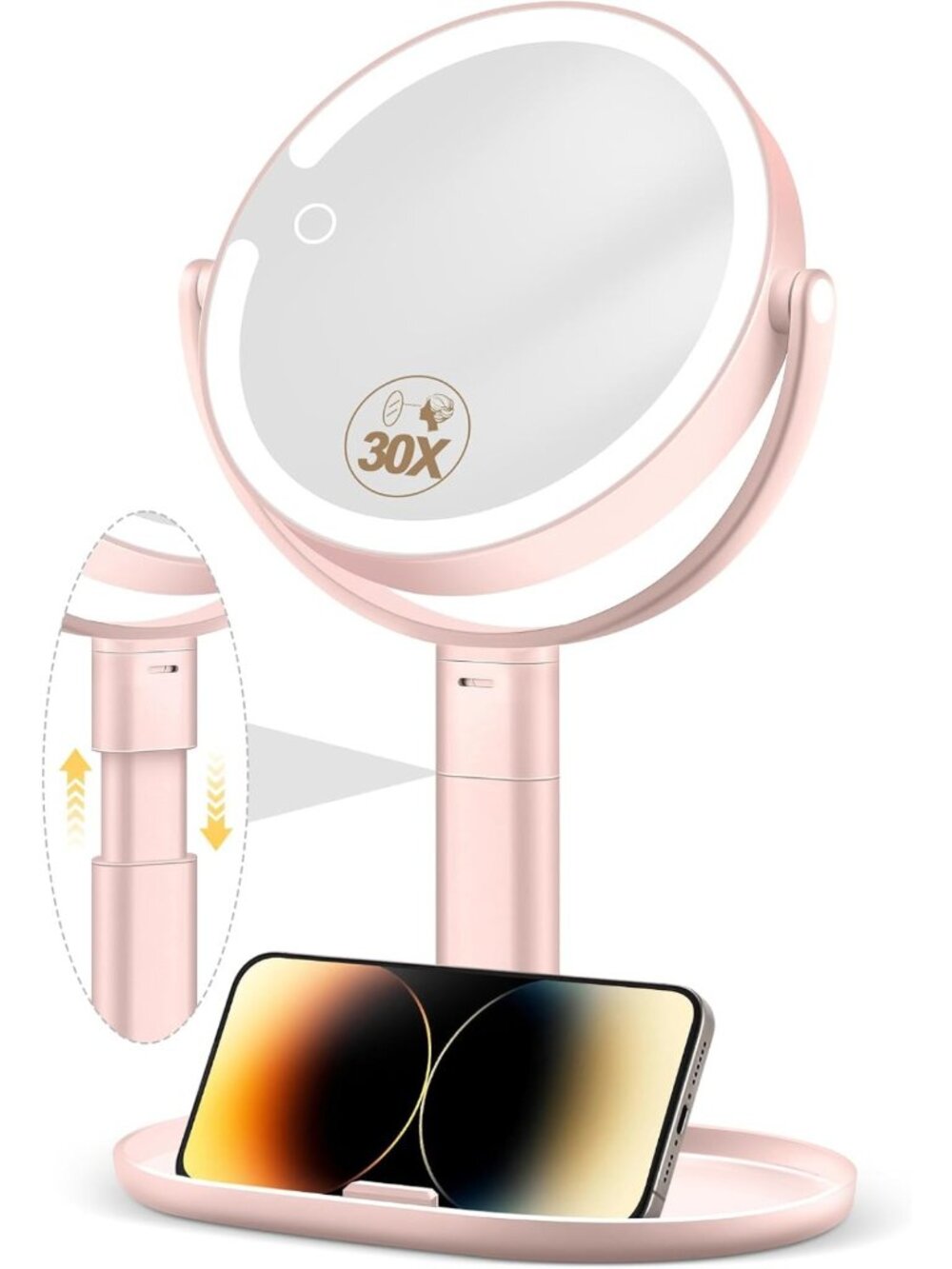 Lighted Makeup Mirror with 30X Magnification, Adjustable Height & 3 Light Modes